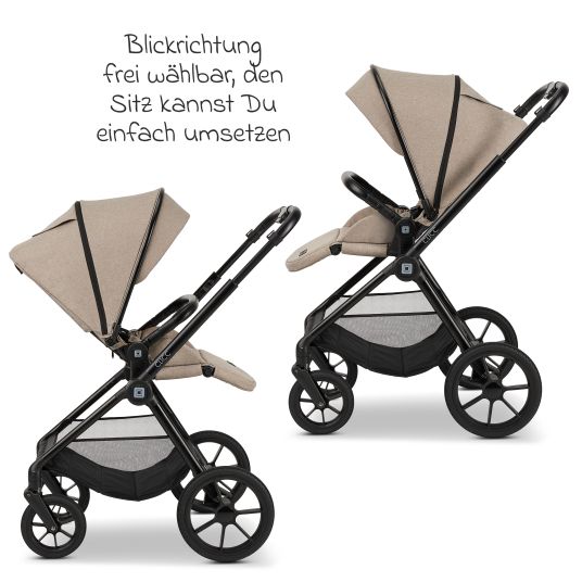 Moon 2in1 Clicc baby carriage set with a load capacity of up to 22 kg - convertible seat unit, carrycot, telescopic pushchair, changing bag, footmuff & accessories - Mud Melange