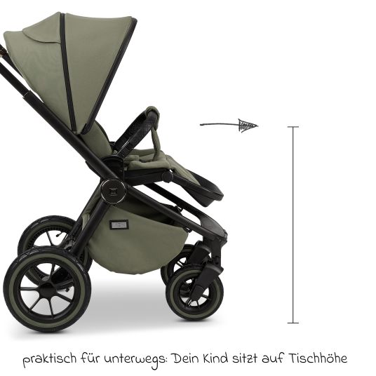 Moon 2in1 Resea+ baby carriage with a load capacity of up to 22 kg - pneumatic tires, convertible seat unit, carrycot & telescopic pushchair, - Edition - Moss Green