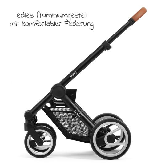 Mutsy Kombi-Kinderwagen Evo Schwarz Griff Cognac inkl. Babywanne, Sportsitz & XXL Zubehörpaket - Stone Grey