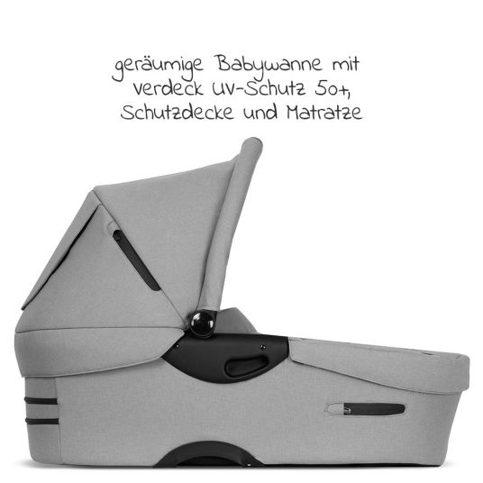 Mutsy Passeggino combinato Evo Silver Handle Grey con navicella, seggiolino sportivo e pacchetto accessori XXL - Pebble Grey