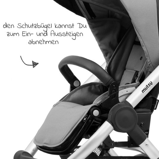 Mutsy Kombi-Kinderwagen Evo Silber Griff Grau inkl. Babywanne, Sportsitz & XXL Zubehörpaket - Pebble Grey