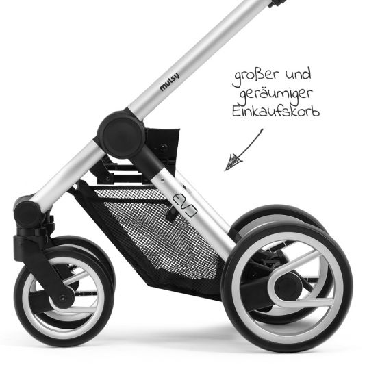 Mutsy Kombi-Kinderwagen Evo Silber Griff Grau inkl. Babywanne, Sportsitz & XXL Zubehörpaket - Pebble Grey