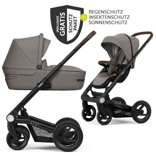 Mutsy Combi Stroller Icon Black Handle Brown incl. Baby Carrycot, Sport Seat & XXL Accessory Pack - Leisure Fjord
