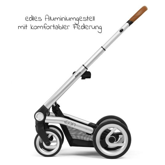 Mutsy Kombi-Kinderwagen Icon Silber Griff Cognac inkl. Babywanne, Sportsitz & XXL Zubehörpaket - Leisure River
