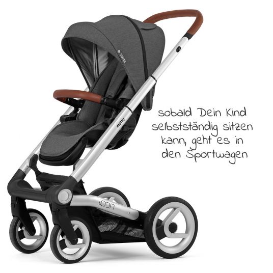 Mutsy Kombi-Kinderwagen Icon Silber Griff Red inkl. Babywanne, Sportsitz & XXL Zubehörpaket - Vision Smokey Grey