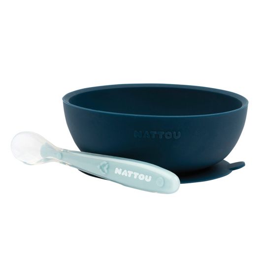Nattou 2pcs Eating Learning Set Silicone - Bowl + Spoon - Navy Light Blue