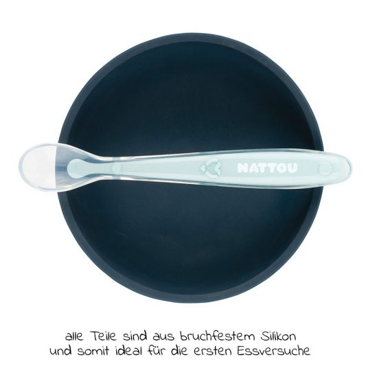 Nattou 2pcs Eating Learning Set Silicone - Bowl + Spoon - Navy Light Blue