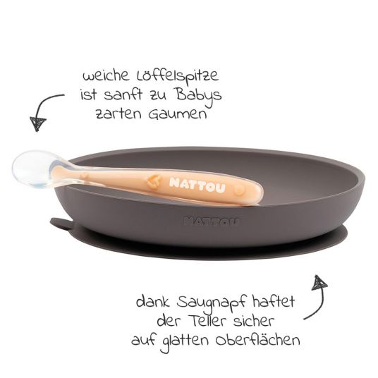 Nattou 2-tlg. Esslern-Set Silikon - Teller + Löffel - Eggplant Peach