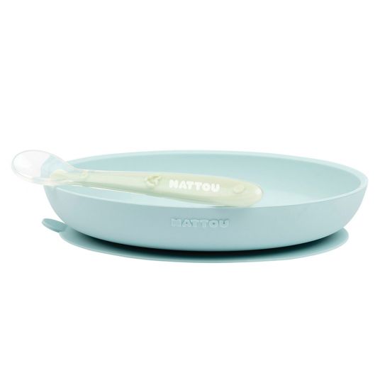 Nattou 2pcs Eating Learning Set Silicone - Plate + Spoon - Light Blue Green