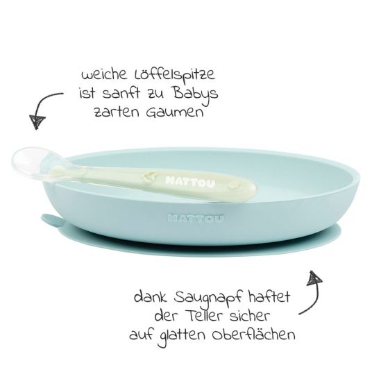 Nattou 2pcs Eating Learning Set Silicone - Plate + Spoon - Light Blue Green