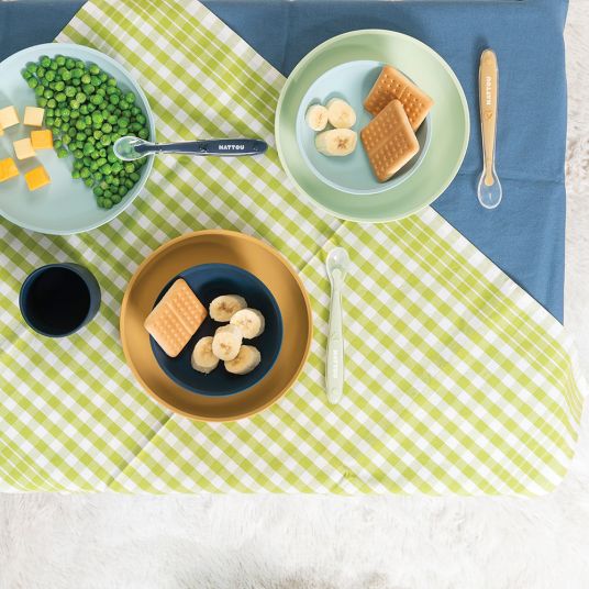 Nattou Set da mangiare in silicone a 2 pezzi - Piatto + Cucchiaio - Azzurro Verde