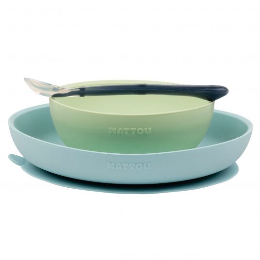 Nattou Silicone 3-piece tableware set - Blue Green