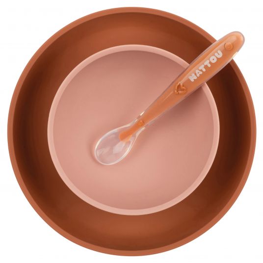 Nattou 4pcs Eating Learning Set Silicone - Tableware + Bib - Pink