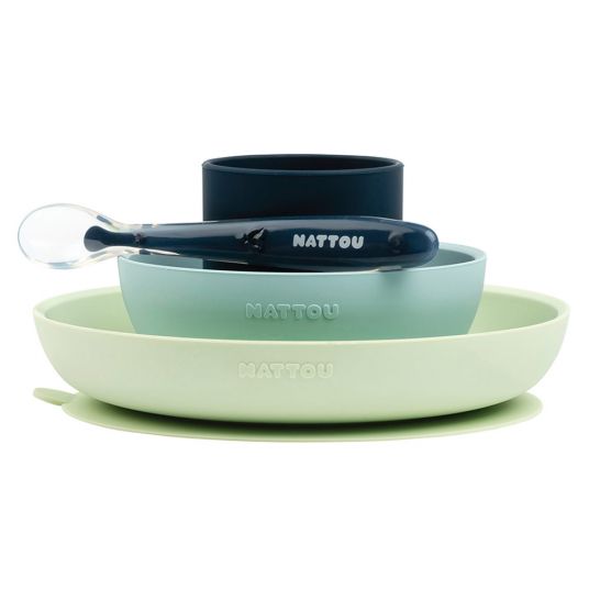 Nattou 4-pcs. tableware set silicone - Green Blue