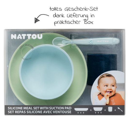 Nattou 4-pcs. tableware set silicone - Green Blue