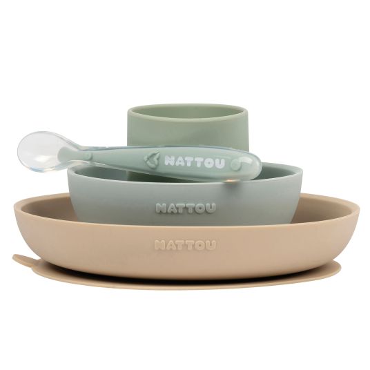 Nattou Set di stoviglie in silicone da 4 pezzi - Verde sabbia