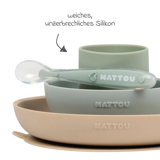 Nattou 4-piece silicone tableware set - Sand Green