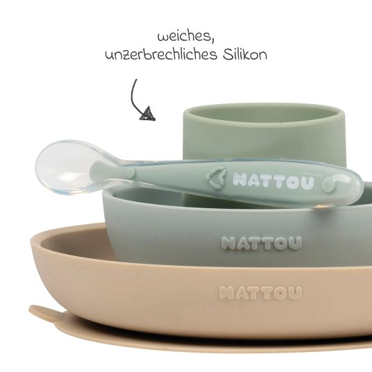 Nattou Set di stoviglie in silicone da 4 pezzi - Verde sabbia