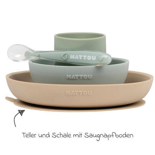 Nattou 4-piece silicone tableware set - Sand Green