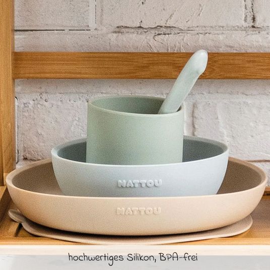 Nattou 4-piece silicone tableware set - Sand Green