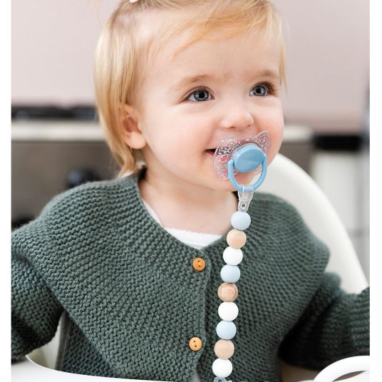 Nattou Pacifier chain Lapidou with silicone & wooden balls - Light Blue
