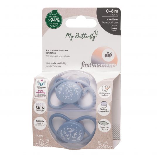 Nip Eco pacifier 2-pack My Butterfly - silicone 0-6 M - from renewable resources - Blue