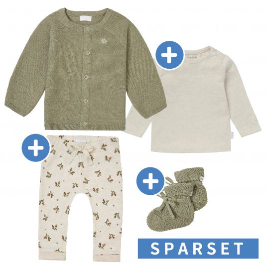 Noppies 4-piece set incl. cardigan, long-sleeved shirt, pants & knitted shoes made of organic cotton - Light Green Oatmeal Melange - size 74