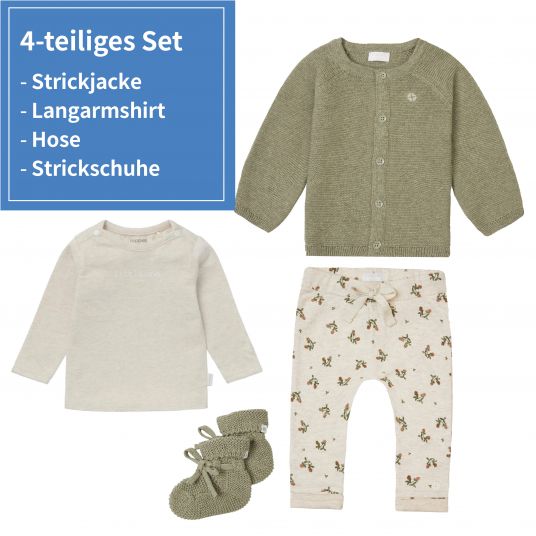 Noppies 4-piece set incl. cardigan, long-sleeved shirt, pants & knitted shoes made of organic cotton - Light Green Oatmeal Melange - size 74