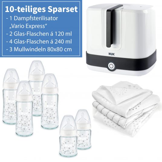 Nuk 10-tlg. Premium Starter-Set inkl. 6 Glasflaschen + 1 Dampfsterilisator Vario Express + 3 Spucktücher - Weiß Grau