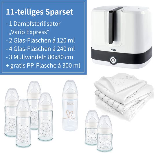 Nuk 11-tlg. Premium Starter-Set inkl. 6 Glasflaschen + 1 Dampfsterilisator Vario Express + 3 Spucktücher - Weiß Grau