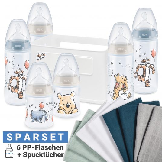 Nuk 15pcs Premium PP Bottle Set First Choice Plus - Temperature Control - Disney Winnie Pooh - Blue Green