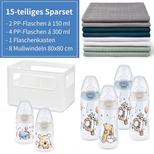 Nuk 15-tlg. Premium PP-Flaschen-Set First Choice Plus - Temperature Control - Disney Winnie Pooh - Blaugrün