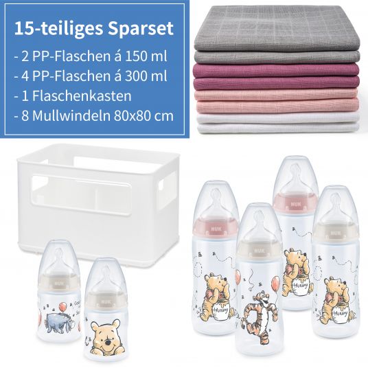 Nuk 15pcs Premium PP Bottle Set First Choice Plus - Temperature Control - Disney Winnie Pooh - Rose