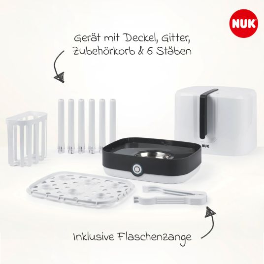 Nuk Set di 4 pezzi per la pulizia dei biberon - sterilizzatore a vapore Vario Express + scolapasta + spazzola per biberon - grigio / bianco