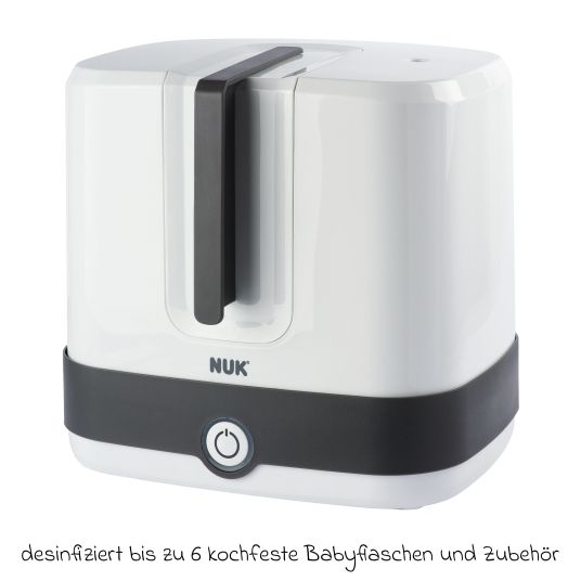 Nuk 4-tlg. Reinigungs-Set für Babyflaschen - Dampfsterilisator Vario Express + Abtropfständer + Flaschenbürste - Grau / Weiß