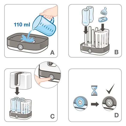 Nuk 4-piece cleaning set for baby bottles - Vario Express steam sterilizer + draining rack + bottle brush - grey / white