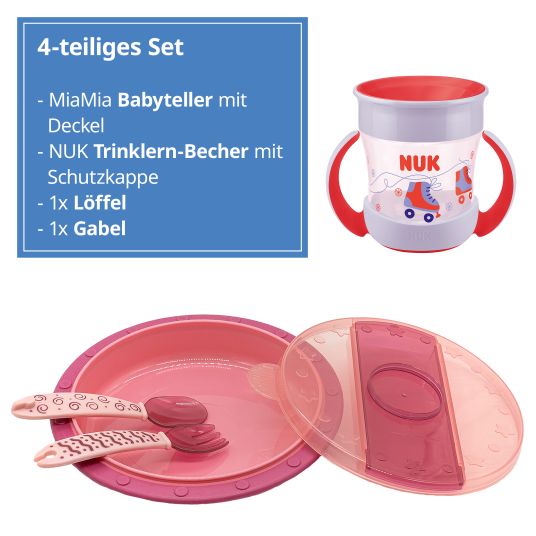 Nuk 4-tlg. Set für unterwegs inkl. Babyteller mit Besteck & Trinklern-Becher - Pink