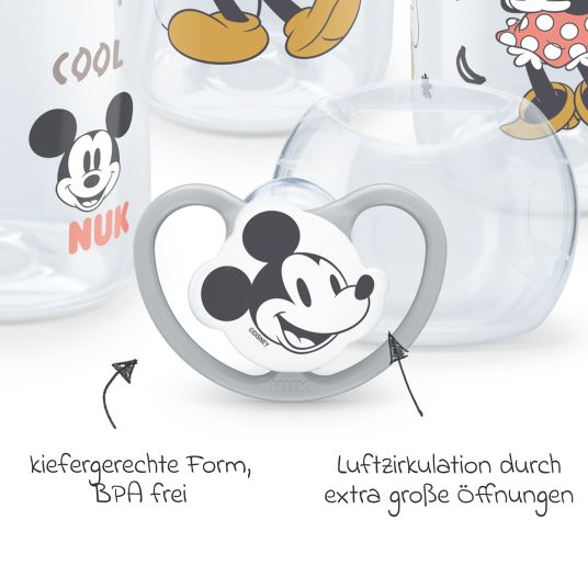 Nuk 4-tlg. Starter-Set Perfect Match - 3x PP-Flasche (150 ml & 260 ml) + Silikon-Sauger (Gr. S & M) + Schnuller Space - Disney Mickey Mouse