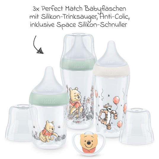 Nuk 4-piece starter set Perfect Match - 3x PP bottle (150 ml & 260 ml) + silicone teat (size S & M) + Space pacifier - Disney Winnie the Pooh