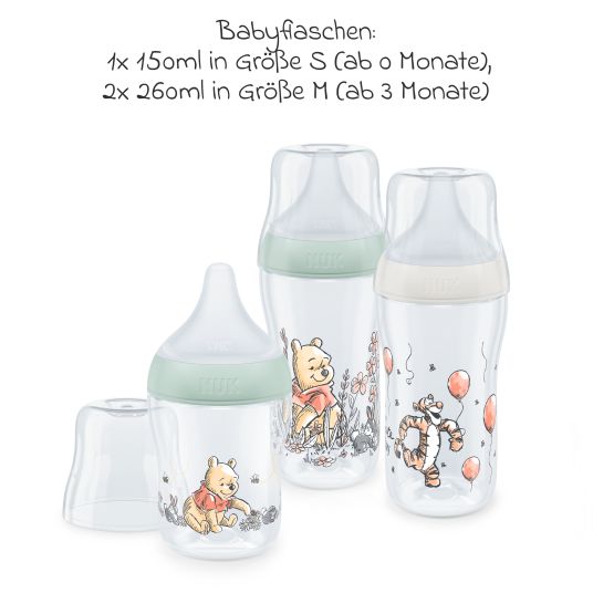 Nuk 4-piece starter set Perfect Match - 3x PP bottle (150 ml & 260 ml) + silicone teat (size S & M) + Space pacifier - Disney Winnie the Pooh