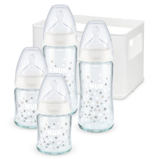 Nuk Set di bottiglie di vetro da 5 pezzi First Choice Plus - Silicone Gr. 1 - Bianco