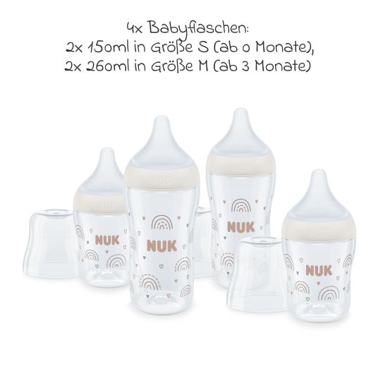 Nuk 8-tlg. Starter-Set Perfect Match - 4x PP-Flasche (150 ml & 260 ml) + Silikon-Sauger (Gr. S, M & U) + Schnuller + Flaschenbürste - Regenbogen - Weiß