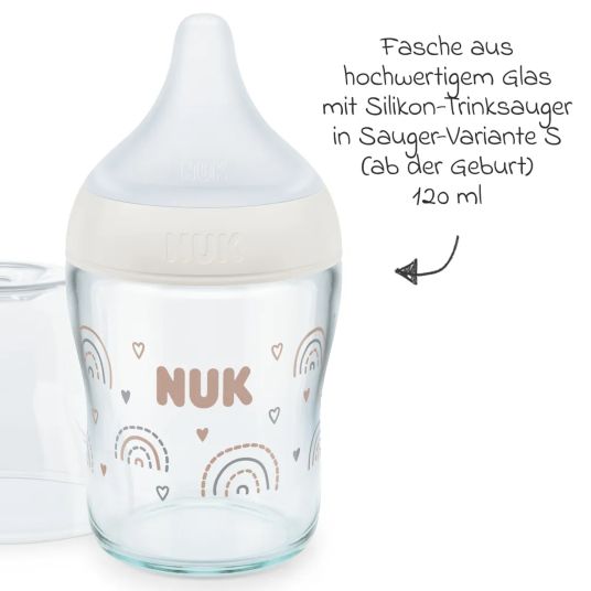 Nuk Glass bottle 2-pack Perfect Match 120 ml + silicone teat size S - rainbow - white