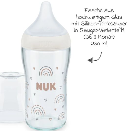 Nuk Glas-Flasche 2er Pack Perfect Match 230 ml + Silikon Sauger Gr. M - Regenbogen - Weiß