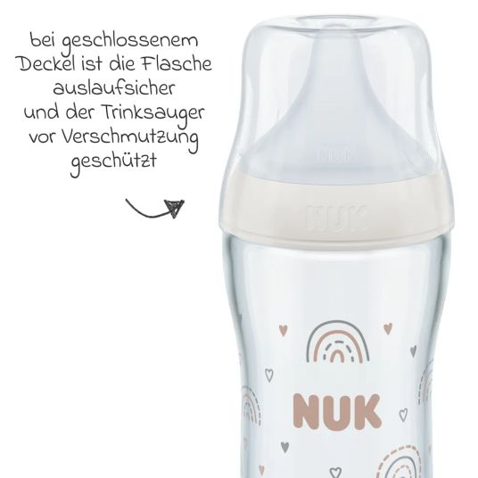 Nuk Glas-Flasche 2er Pack Perfect Match 230 ml + Silikon Sauger Gr. M - Regenbogen - Weiß