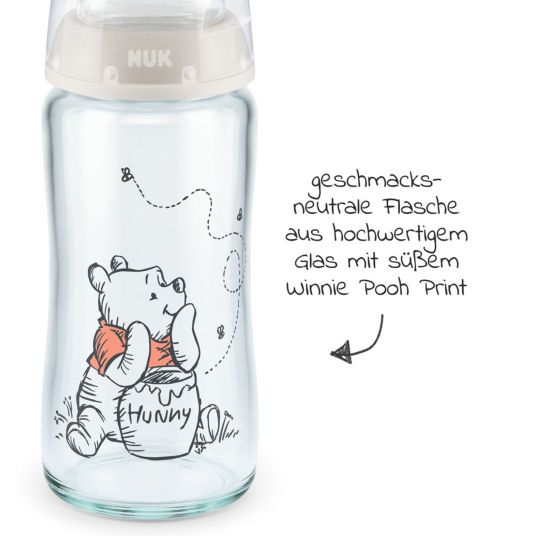 Nuk Glas-Flasche 3er Pack First Choice Plus 240 ml + Silikon-Sauger Gr. 1 M - Temperature Control + Flaschenbürste - Disney Winnie Pooh - Beige