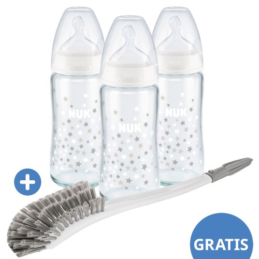 Nuk Glas-Flasche 3er Pack First Choice Plus 240 ml + Silikon-Sauger Gr. 1 M - Temperature Control + GRATIS Flaschenbürste - Sterne