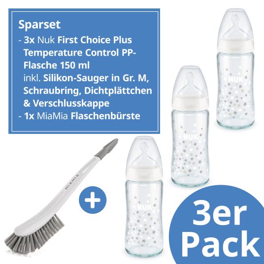 Nuk Bottiglia di vetro 3-pack First Choice Plus 240 ml + tettarella in silicone misura 1 M - Controllo della temperatura + scovolino GRATUITO - stelle