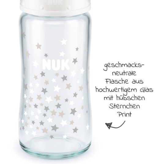 Nuk Glass bottle 3-pack First Choice Plus 240 ml + silicone teat size 1 M - Temperature Control + FREE bottle brush - stars