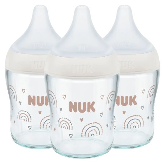 Nuk Glas-Flasche 3er Pack Perfect Match 120 ml + Silikon Sauger Gr. S - Regenbogen - Weiß